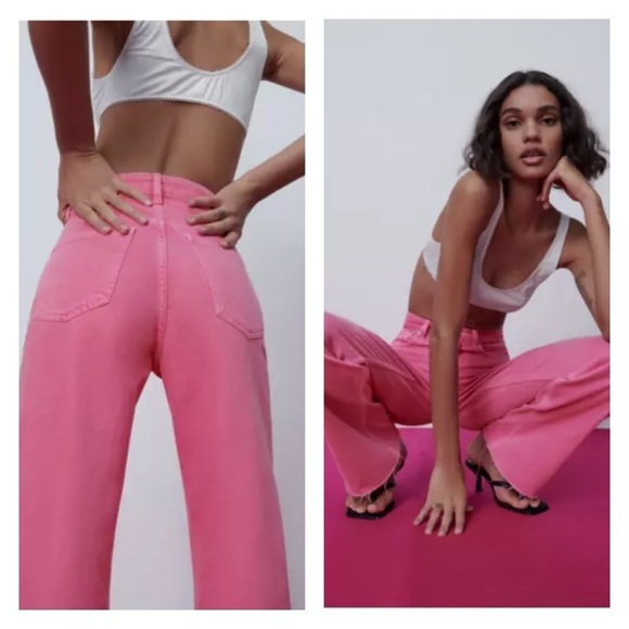 ZARA Bright Pink High Rise Wide Leg Jeans Size 2 NEW Barbie Core - Picture 4 of 13